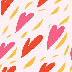 Vector hand drawn seamless pattern cute design. Heart shapes with yellow leaves