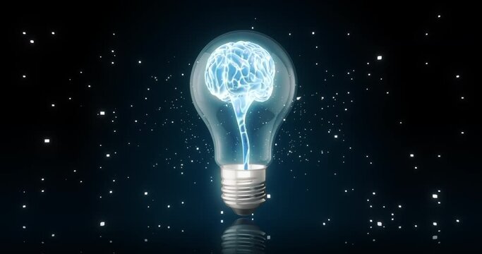 Lightning human brain inside a light bulb. Brainstorming concept. Idea or insight 3D render
