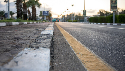 Fototapeta premium City asphalt road with palm trees along the road at sunset.