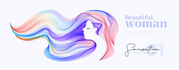 Vector women graphic with artistic colorful hair. Vector element for poster, flyer, cover, website, spa, salon.