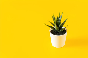 Artificial green office flower with leaves in a pot on yellow background, copy space
