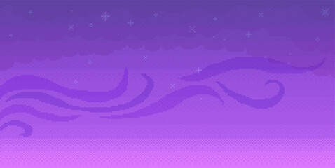 Dark alien purple sky with stars and curls. Pixel game about outer space vector illustration
