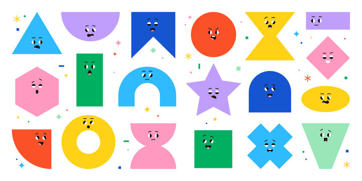 Geometric character shapes with face emotions, different cartoon basic figures. Cute colorful shapes, trendy colors, vector illustrations for children education.