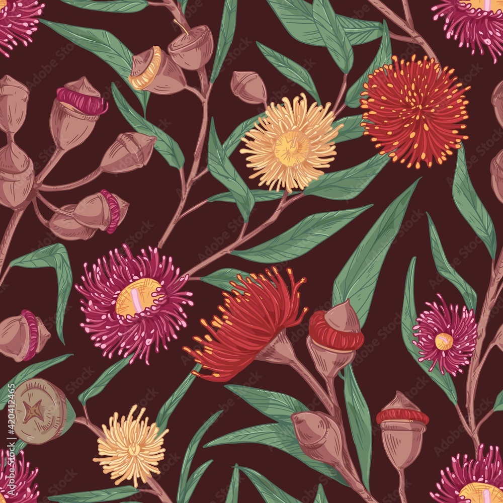 Poster Seamless botanical pattern with blossomed colorful flowers of eucalyptus. Endless repeatable floral background. Texture design for printing and decoration. Drawn vector illustration in retro style