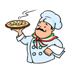 Funny italian chef with pizza. Emblem design