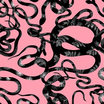 Seamless pattern with snakes. Snakes on a pink background. The textile design is modern. Vector illustration