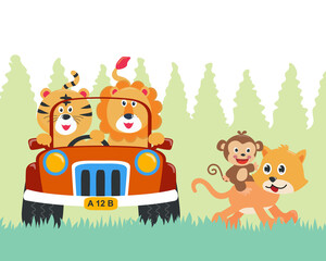 Obraz na płótnie Canvas Group of animal cartoon having fun driving car on sunny day. Vector childish background for fabric textile, nursery wallpaper, card, poster and other decoration. Vector illustration.
