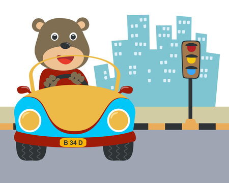 Cute bear cartoon having fun driving a city car on sunny day. Vector childish background for fabric textile, nursery wallpaper, card, poster and other decoration. Vector illustration.