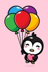 Obraz na płótnie Canvas cartoon cute penguin animal flying vector design with balloon