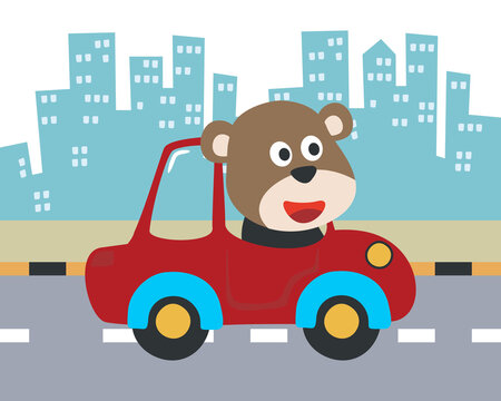 Cute bear cartoon having fun driving a city car on sunny day. Vector childish background for fabric textile, nursery wallpaper, card, poster and other decoration. Vector illustration.