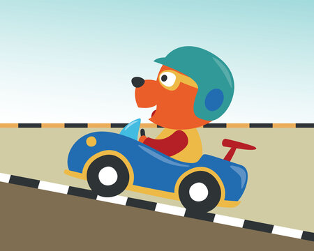 Cute dog cartoon driving a vintage race car. Vector childish background for fabric textile, nursery wallpaper, card, poster and other decoration. Vector illustration.