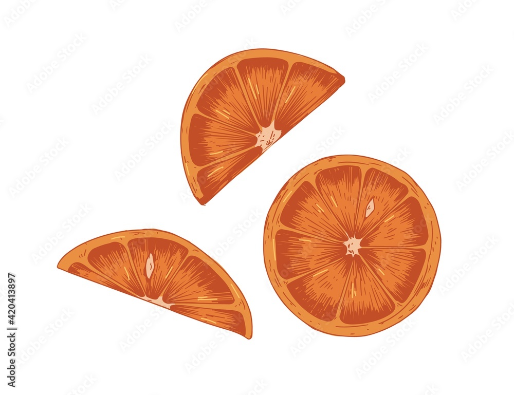 Poster pieces, slices, segments and sections with peel and seeds of red orange. parts of dry citrus fruit. 