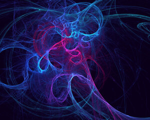 Abstract glowing energy discharge in deep dark empty space. Aqua and violet hues. Great for design cover, presentation, flyer, poster, card, packaging, certificate, gift, poster or coupon background.