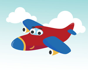 Fototapeta premium Funny cute airplane is flying in the air. Cartoon hand drawn vector illustration. Can be used for t-shirt printing, children wear fashion designs, baby shower invitation cards and other decoration.