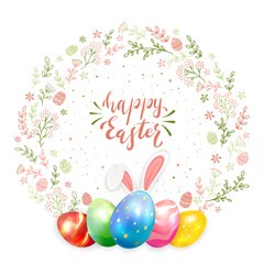Easter Eggs with Rabbit Ears and Floral Elements on White Background