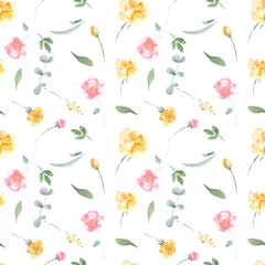Fotobehang Watercolor print with roses, yellow and pink flowers and herbs. Seamless pattern with pink flowers for fabric, paper or wallpaper. © Lena