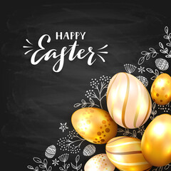 Golden Eggs and Floral Elements on Black Chalkboard Background