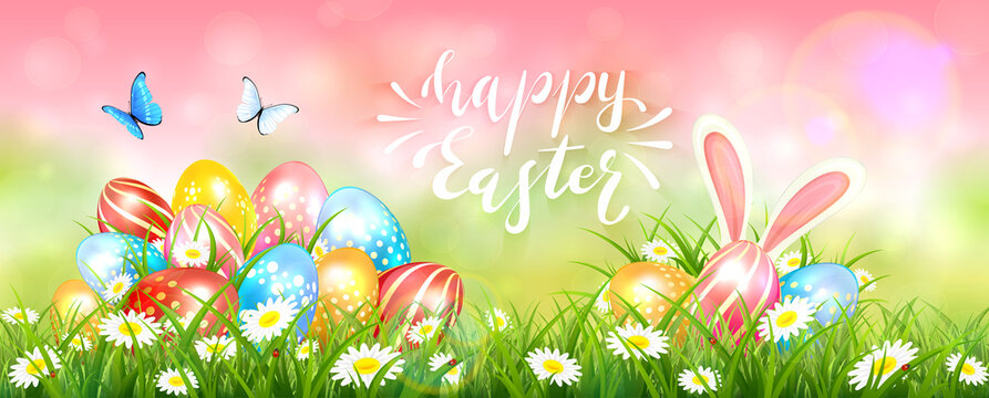 Pink Easter Background with Colorful Eggs