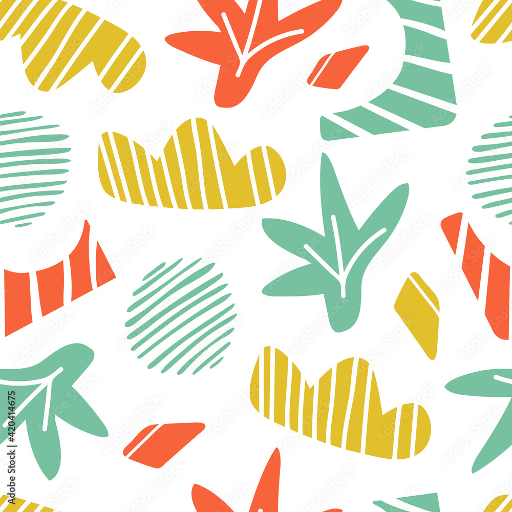 Poster doodle seamless pattern. clouds, plants and stripe shapes background. abstract modern colorful vecto