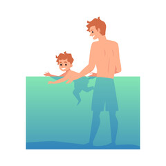 Father teaching his child to swim flat cartoon vector illustration isolated.