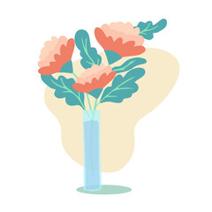 A greeting card. Bouquet of three roses or peonies in a clear glass vase. Flowers are the best gift for any holiday. Flat vector illustration