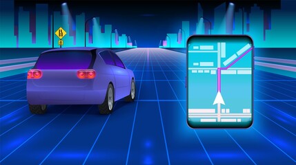 Car on night road. GPS navigation, futuristic auto in city. Midnight downtown vehicle vector illustration