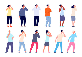 Fototapeta premium People screaming. Shouting persons, man woman covering mouth and ears. Adults call, thrilled shy or lost cartoon utter vector characters