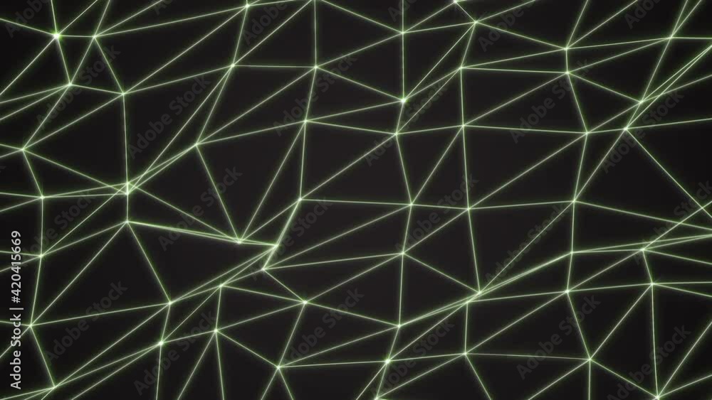 Poster triangles in random colors with glowing tops in abstract geometric net. seamless loop motion graphic
