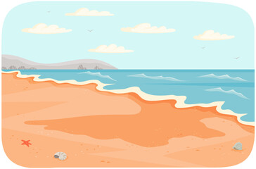Water covers sandy beach with waves. Light breeze at high tide on ocean vector illustration