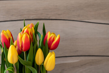 Bouquet of yellow tulips in front of a wooden background