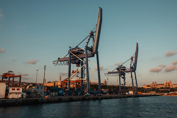 Fototapeta na wymiar Industrial constructions in sea port of Istanbul, Turkey