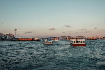 Boats and coast of Istanbul during sunset