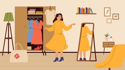 Girl tries dress. Woman shopping, female at home in new clothes. Trendy stylish character look at mirror, living room interior vector illustration