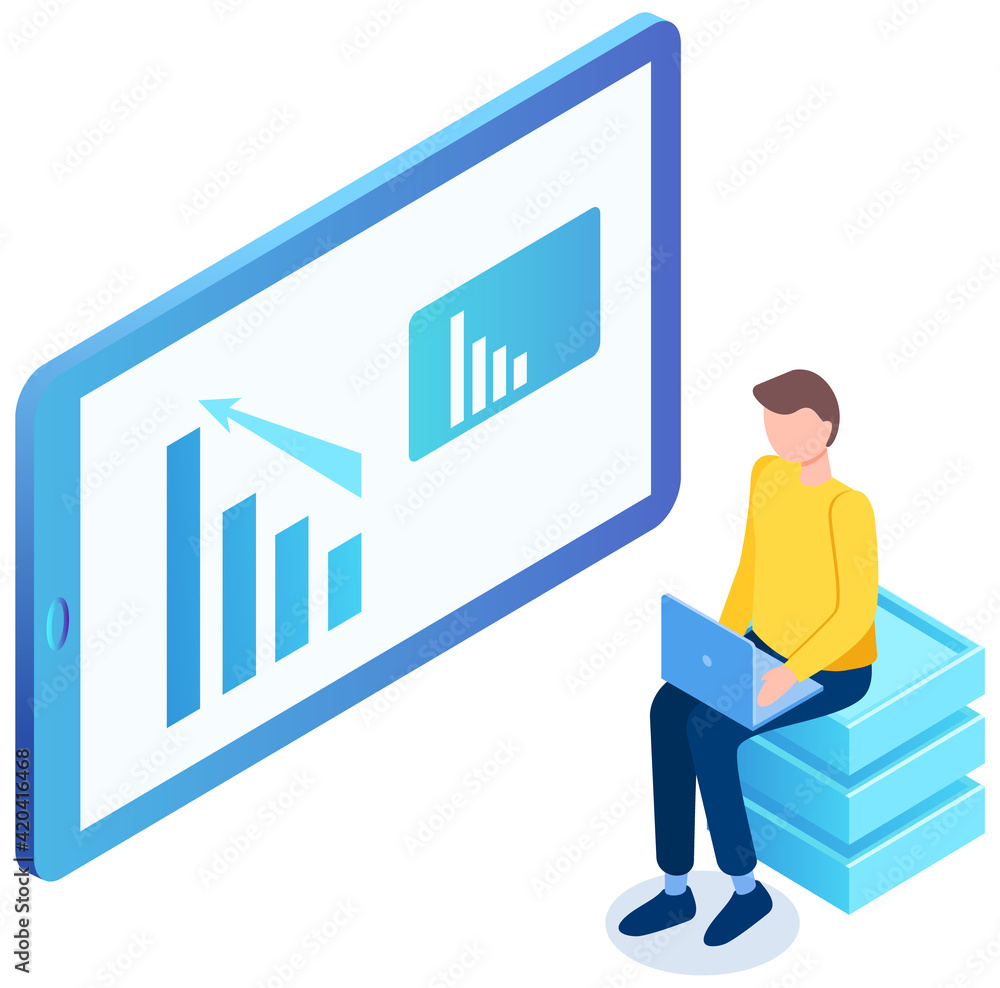 Poster expert analyzes information on screen and works on laptop. computer monitor with increasing graph