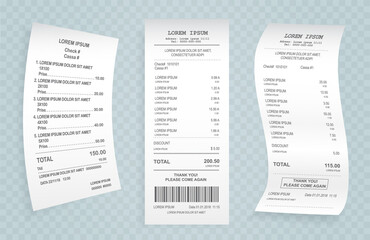 Payment check paper document. Buying financial invoice bill purchasing calculate pay vector isolated