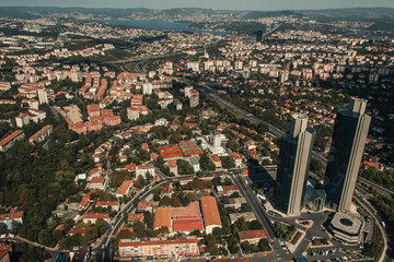 Aerial view of buildings and trees on streets in Istanbul, Turkey