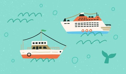 Obraz premium Boats and ships in open sea or ocean. Marine vessels floating in water with waves and bubbles. Childish colored flat vector illustration of touristic liners in Scandinavian style