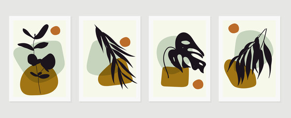 Abstract art nature background vector. Modern shape line art wallpaper. Boho foliage botanical tropical leaves and floral pattern design for home deco, wall art, social media post and story background