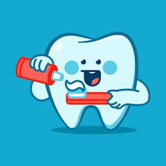 Funny tooth with toothbrush and paste vector cartoon character isolated on background.