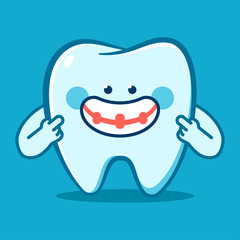 Funny tooth in braces vector cartoon character isolated on background.