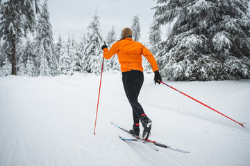 Fototapeta na wymiar Skilangläufer im Winter auf der Loipe beim Wintersport