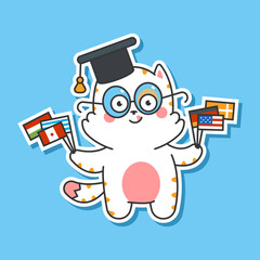 Cute cat in graduate cap with flags vector cartoon character isolated on background. Learning languages concept illustration.