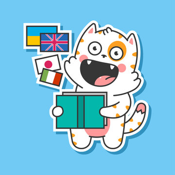 Cute cat learning languages vector cartoon illustration isolated on background.