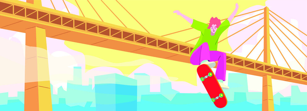 Low angle view on man play skateboard and jump in thr air with background bridge and cityscape view , illustration picture.
