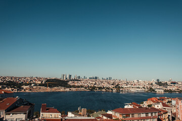 picturesque view of city and Bosphorus strait against cloudless sky, Istanbul, Turkey