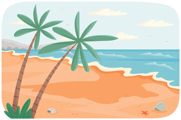 Fototapeta na wymiar Beach resort by sea vector illustration. Oceanic coastline at high tide. Sandy shore with palm trees