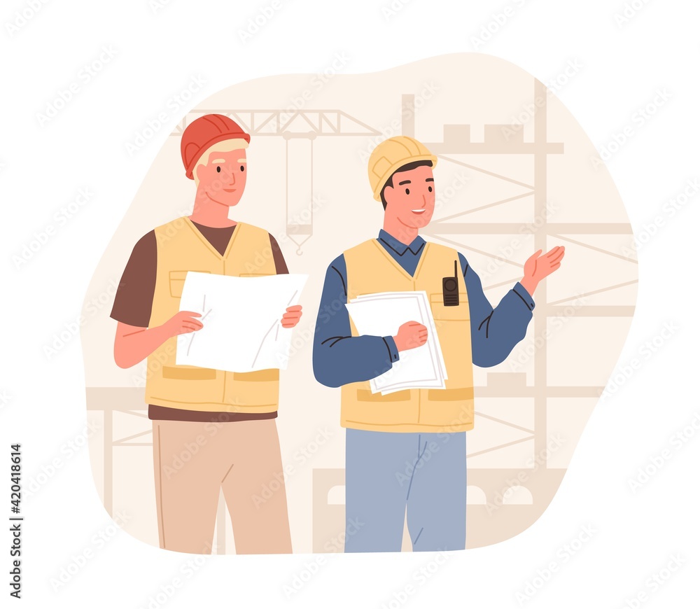 Poster Foreman showing and explaining building process to inspector. Supervisor in hard hat at construction site. Colored flat vector illustration of workers in helmets isolated on white background