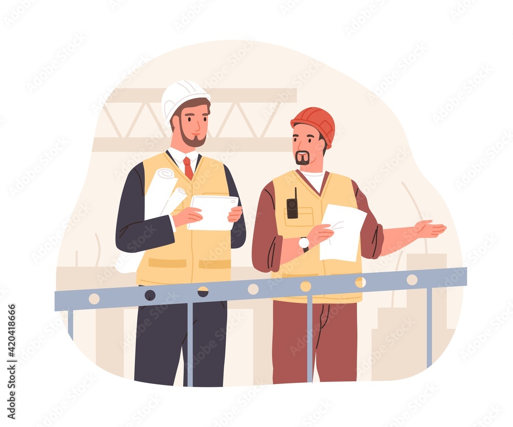 Aufkleber Manager and foreman in helmets standing on crane at construction site. Inspector or supervisor controlling building process. Colored flat vector illustration of workers isolated on white background