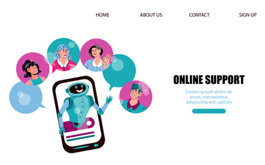 Website interface mockup on chatbot online support topic, flat vector illustration. Robot virtual assistance and customers support of website or mobile application.
