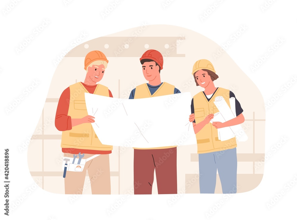 Poster Foreman and workers in hard hats at construction site. Builders discussing building project or drawing of real estate. Colored flat vector illustration of constructors isolated on white background